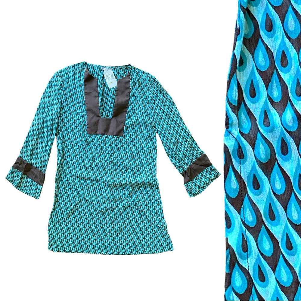 NWT Allegra Hicks Teal Briwn Teardrop-Print Tunic Sheer Coverup Dress M/12